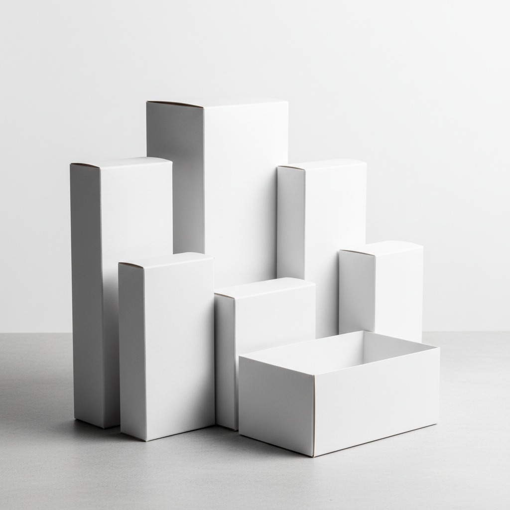 hacer una imagen de cajas blancas de distintas rectangulares y tamaños hechas en cartulina blanca